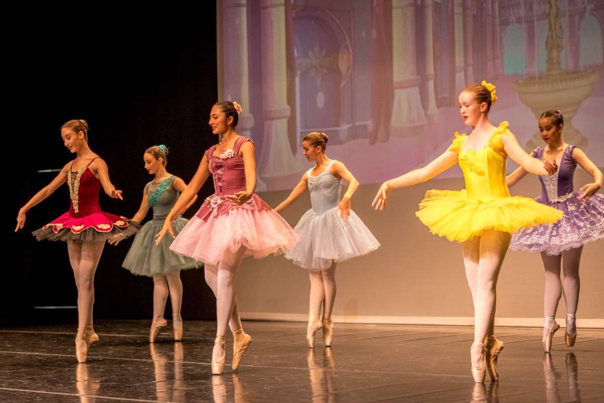 adult ballet female ballerinas in colored tutu's dancing on stage