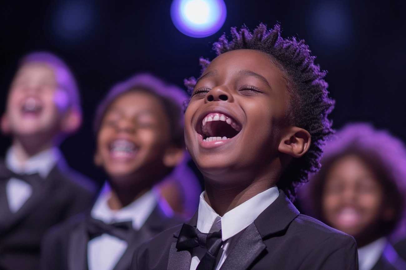 Young boys dressed in tuxedos singing