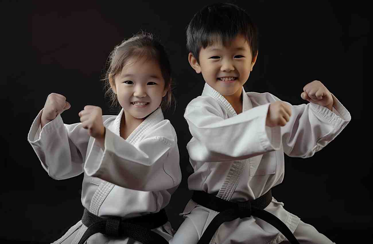 Two children wearingblack belt karate uniform