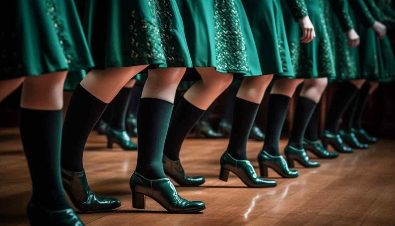 women weating green skirts black socks and tap dancing shoes in a line