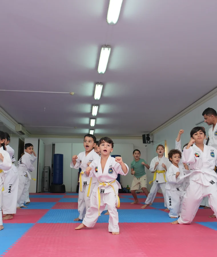 Taekwondo students practising a kick alongside their instructor