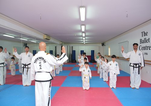Taekwondo students lined up in uniform during a class